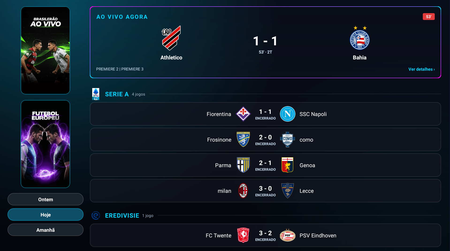Tela de esportes do Neon, com agenda e placares de partidas