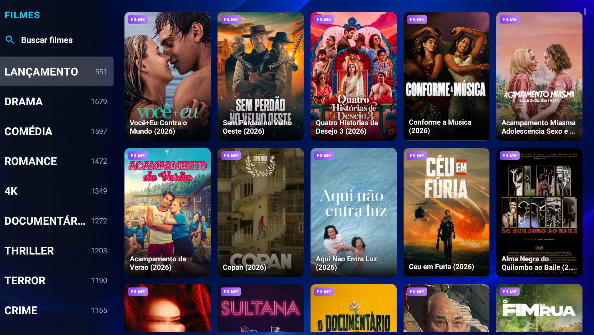 Tela do Neon com capas de filmes e categorias de navegação